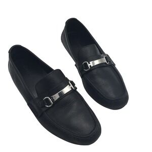 Cole Haan Mens Black Pebbled Leather Bit Loafers Mocs Silver Hardware